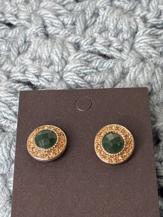 Jewelry - Circle Stud Earrings Goldtone Green Yellow Rhinestone Halo 5/8 inch